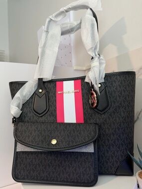 NWT Michael Kors Eva Black Signature Tote with Neon Pink & White and mk clutch
